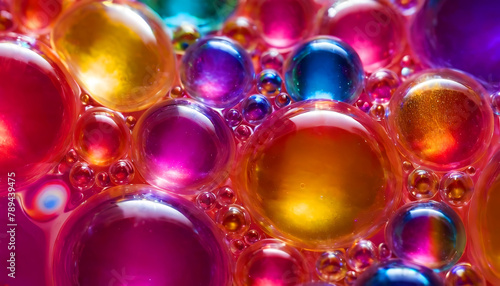 Lliquid with multi-colored bubbles on the surface, abstract bright colorful background