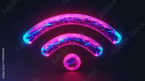 A wireless neon light symbol technology modern effect, an abstract wireless wave sign glow icon, a sound scan echolocation line concept, and a futuristic radial mobile phone spot disc. photo