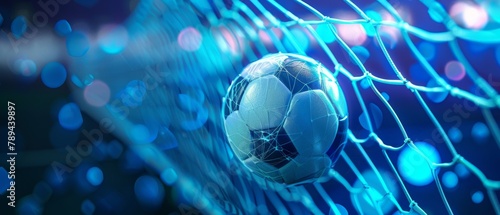In net soccer ball on dark blue background in 3D