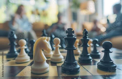 A chess board with white and black pieces, in focus, blurred background of people playing the game on the couch, stock photo