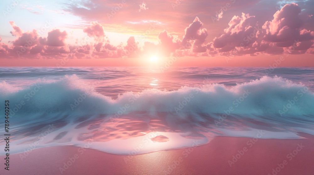 Capture the early morning tranquility of a deserted beach as the sun rises, illuminating the sea in shades of pink and gold. Capture the early morning tranquility of a deserted beach as the sun rises, illuminating the sea in shades of pink and gold.