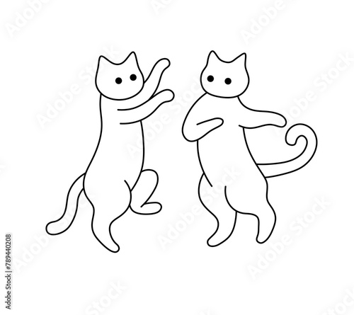 Vector isolated two dancing cats funny colorless black and white contour line easy drawing