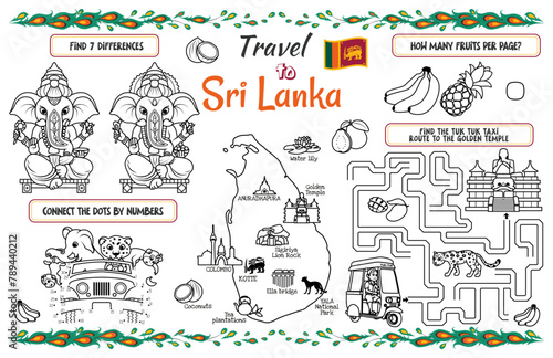 A fun placemat for kids. Printable to “Travel to Sri Lanka” activity sheet with a labyrinth, find the differences and connect dots. 17x11 inch printable vector file