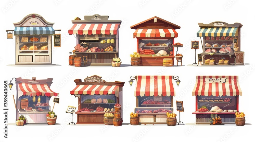 Fresh food market stalls isolated on white background. Contemporary modern illustration of fancy fair trade shops with fish, ham, and cheese on display and counters under colorful striped tents.