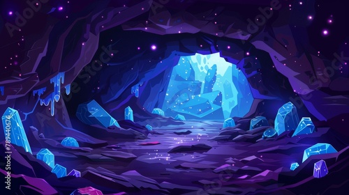 The cave is filled with blue gemstones on the walls. Modern illustration of underground mine tunnel with sparkling diamond stones and rocky mineral stalactites in the dungeon.