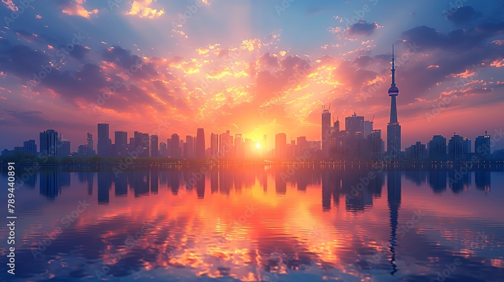A city skyline at sunset, where the last rays of the sun highlight the contours of skyscrapers, with reflections in the river adding depth and beauty.