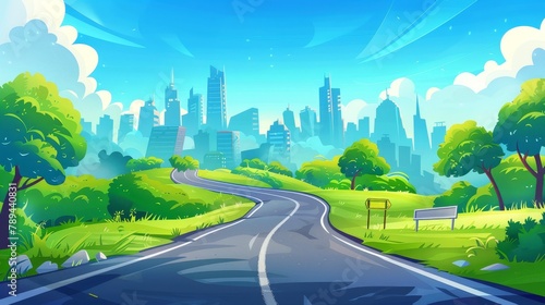 An empty asphalt highway with a sign  woods and grass on sides. Cartoon modern panorama of the countryside from skyscrapers in town to the countryside.