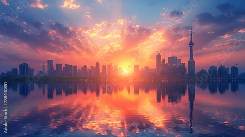 A city skyline at sunset  where the last rays of the sun highlight the contours of skyscrapers  with reflections in the river adding depth and beauty.