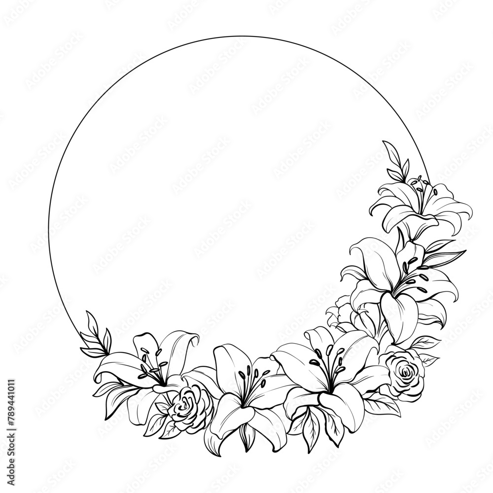 Circle floral frame wreath with lilies. monochrome line art, floral wreath. Botanical Border. Silhouette Wedding Decor Circle floral frame wreath with lilies. monochrome line art, floral wreath. Botanical Border. Silhouette Wedding Decor