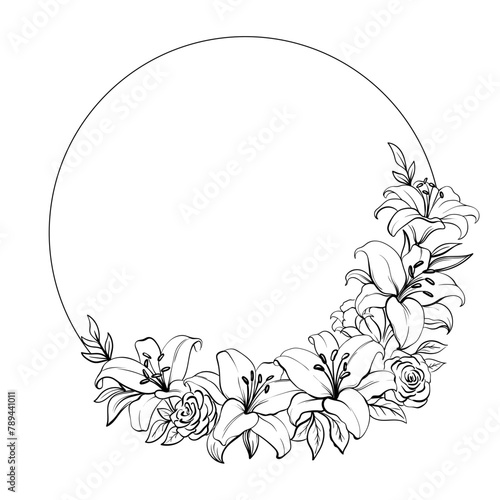 Circle floral frame wreath with lilies. monochrome line art, floral wreath. Botanical Border. Silhouette Wedding Decor