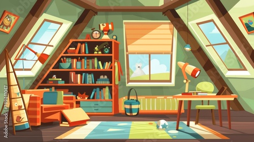 A boy's attic with a telescope and a bookshelf bed. A boy's room with a rocket toy and a cozy armchair. A modern child's apartment with a character. Playroom design with a table.