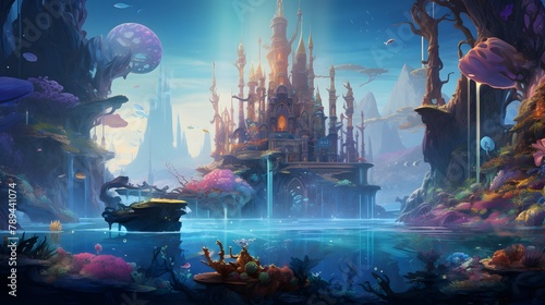 Fantasy landscape with fantasy worlds and underwater world. 3d illustration