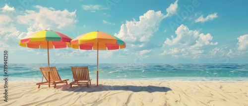 A beach umbrella with chairs on the sand in the summer. A 3D rendering of a summer vacation concept