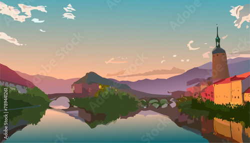 Sunset over the European city view