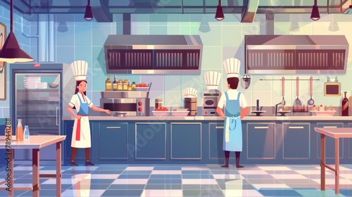 Cooks prepare food in a restaurant or cafe kitchen with professional equipment and furniture. Cartoon modern illustration of catering service cuisine with male cookers preparing food.