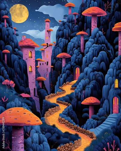 surreal dreamscape where nightmares and dreams collide, pop colors, landscape of surreal beauty and terror. classic illustration of a 50s era, vintage & pop background, wallpaper, poster design