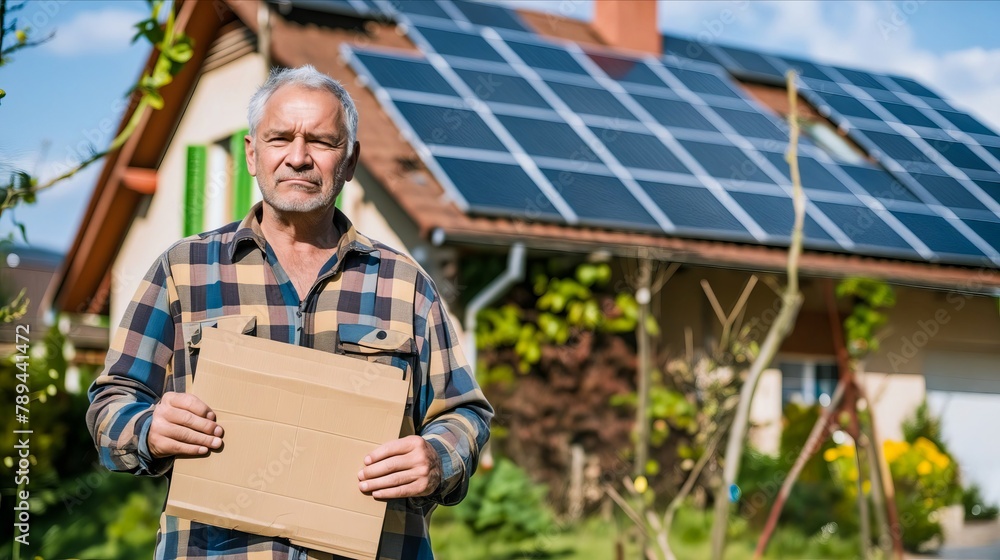 A man holding a cardboard box in front of a house with solar panels.