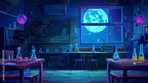 An empty school chemistry classroom with various chemical equipment and supplies under a moonlit sky. Chalkboard and desk with glassware under blacklight. photo