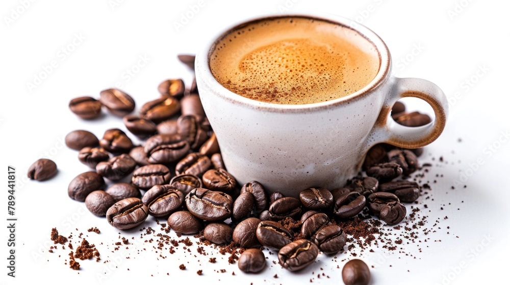 A cup of coffee surrounded by coffee beans. Ideal for coffee shop promotions A cup of coffee surrounded by coffee beans. Ideal for coffee shop promotions