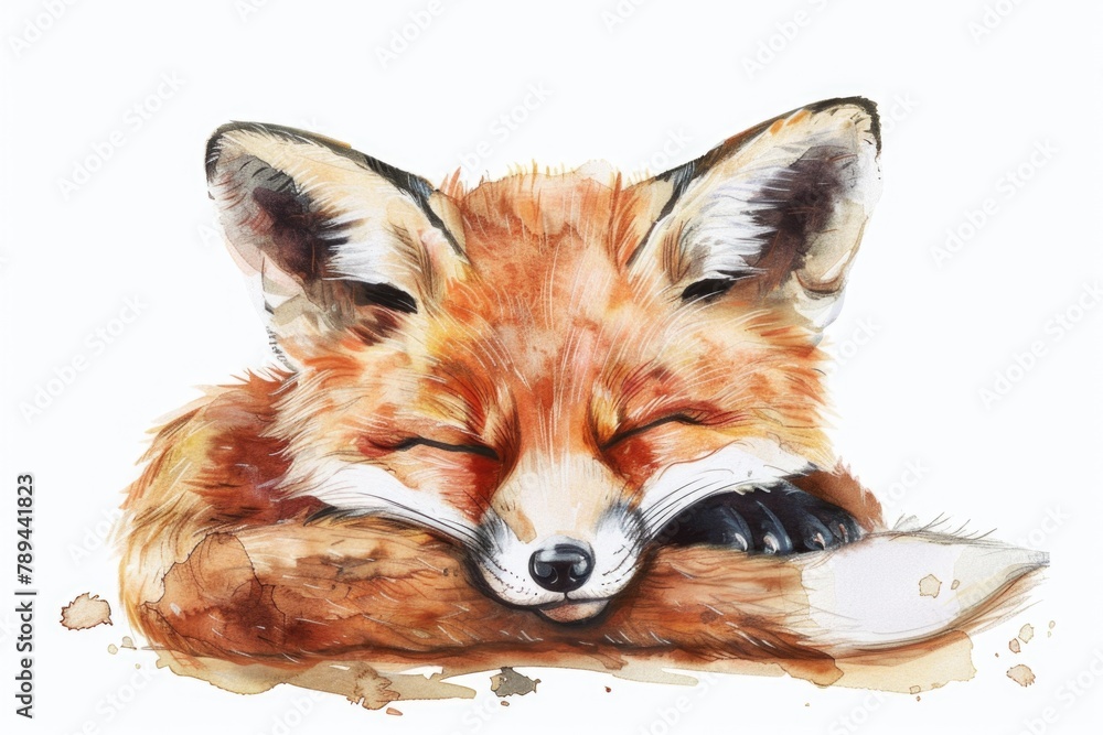 Fototapeta premium Peaceful sleeping fox in a watercolor painting. Suitable for nature and animal themes