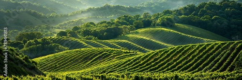 Rolling Vineyards Panoramic view of lush vineyards rolling over gentle hills  the rows forming rhythmic patterns that invite the viewer to explore the depths of the scene