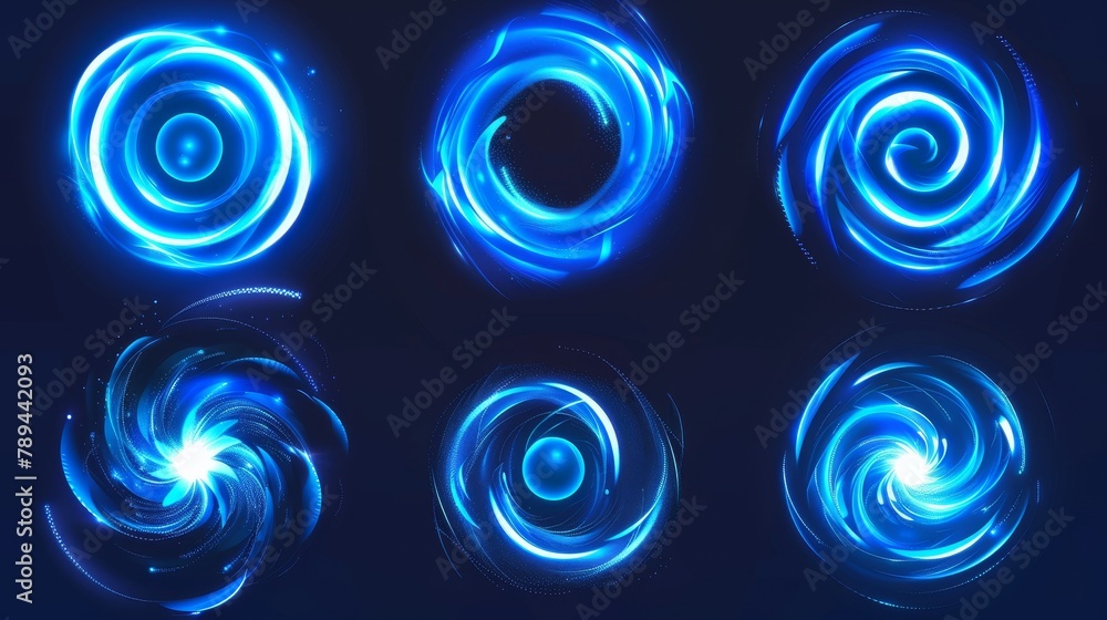 Light waved neon elements with a swoosh effect. Realistic modern illustration set of magic glowing swirl lines. Circular and vortex flare lines. Abstract 3D luminous and shine loops. Light waved neon elements with a swoosh effect. Realistic modern illustration set of magic glowing swirl lines. Circular and vortex flare lines. Abstract 3D luminous and shine loops.