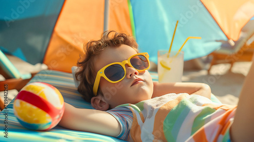 A little toddler boy wearing sunglasses, sunbathing on the hot summer day, lying on the sand beach near the sea or ocean. Preschooler on vacation, male kid or child leisure time on holiday