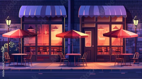 In the early evening, a city cafe with tables and chairs on the sidewalk. Modern cartoon illustration of dark urban street, outdoor restaurant furniture under parasols, silhouettes of people in photo