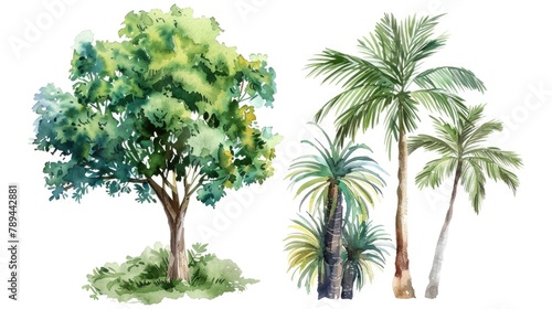 Three watercolor palm trees on white background. Ideal for tropical themed designs