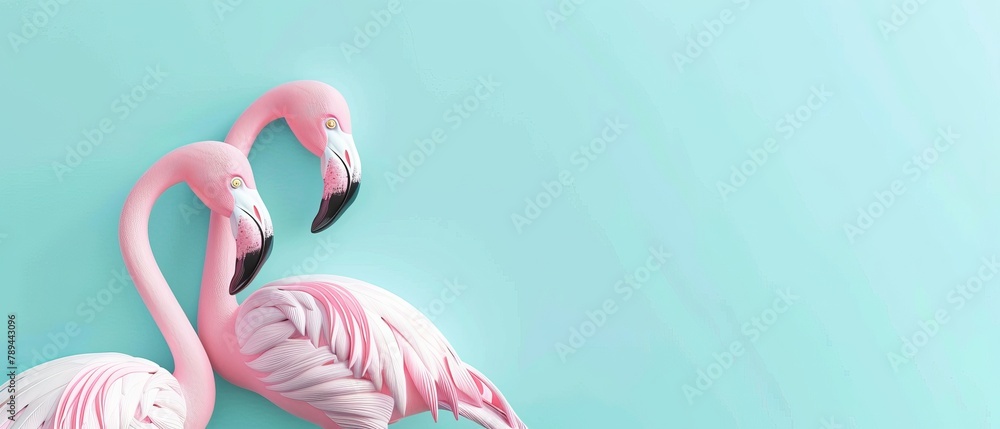 Naklejka premium Summer concept with flamingo rubber on pastel blue background. 3d rendering.