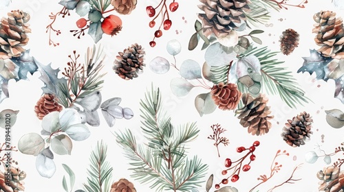 A pattern of pine cones, leaves, and berries. Suitable for winter and holiday themes