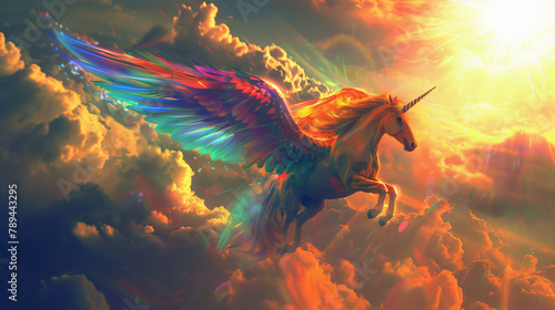 A unicorn with wings flying through the sky. photo