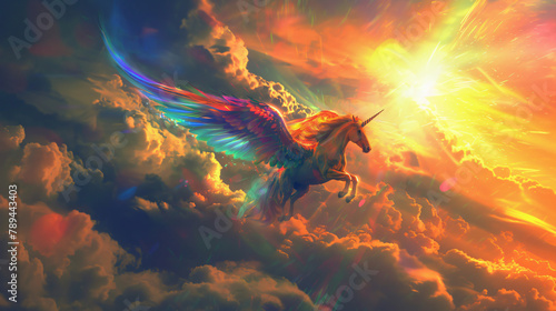Mythical unicorn with rainbow wings soars in the sunny sky. photo