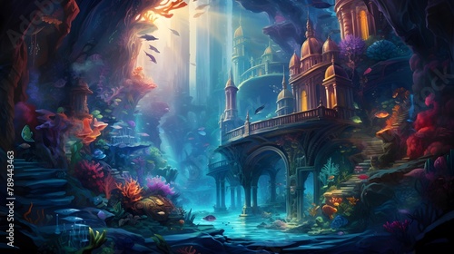 Beautiful fantasy scene with fantasy castle in the water. Digital painting.