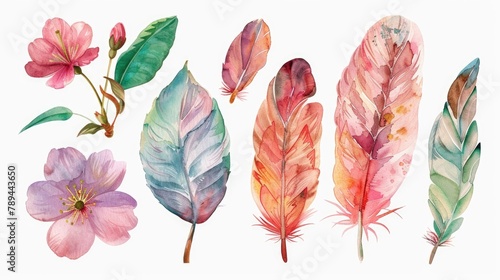 Colorful watercolor feathers and flowers set, perfect for design projects #789443650