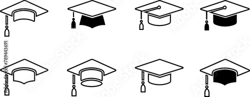 Graduation hat cap icons collection. Academic cap vector icons. Student hat simple black icon. Graduation and education symbol . 