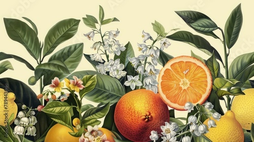 A vintage print of bergamot, lemon, grapefruit, Lilly of the valley, in the style of [John James Audubon], light yellow background, detailed, vintage style.