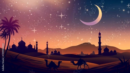 Desert scene with camels and siluet of mosque  animation video looping motion  photo