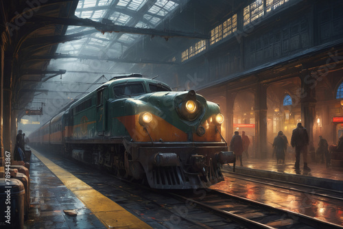 Retro style steam locomotove at train station