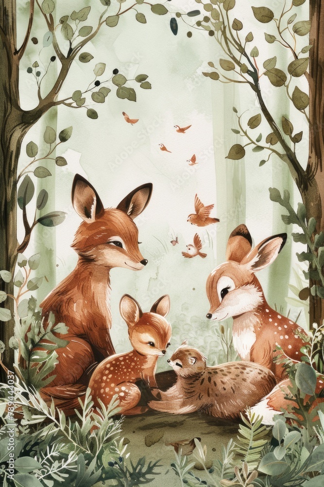 Fototapeta premium A beautiful painting of a family of foxes in the woods. Perfect for nature and wildlife designs