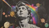 dark, gold,A white marble statue of the Greek god, with his head raised and a rainbow halo around it