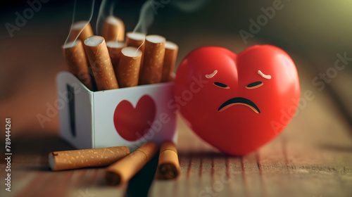 Human heart with sad face expression next to the box of cigarettes on the table. Unhealthy tobacco and nicotine smoke addiction, quit bad and dangerous habit, death risk because of drug