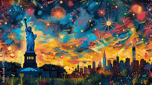 artistic colorful and vibrant illustration of 4th of july celebration in NY, statue of liberty, fireworks, painting style