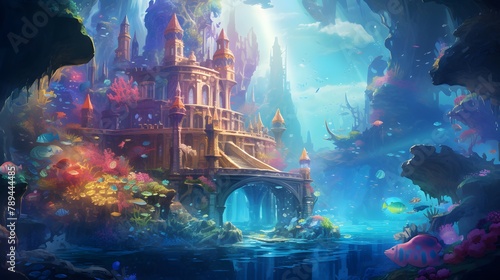 Digital painting of a temple in the sea, fantasy landscape, 3d illustration