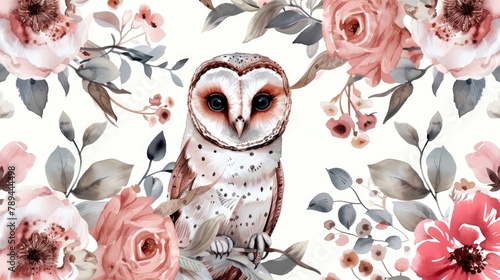 Owl perched on a branch with flowers around, suitable for nature themes photo