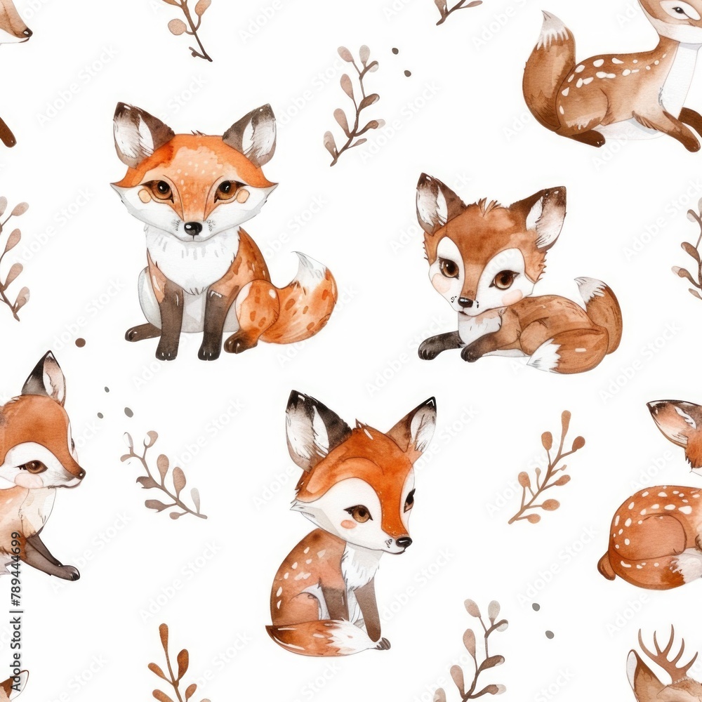 Naklejka premium A seamless pattern featuring a fox and other animals. Ideal for use in fabric design or children's illustrations