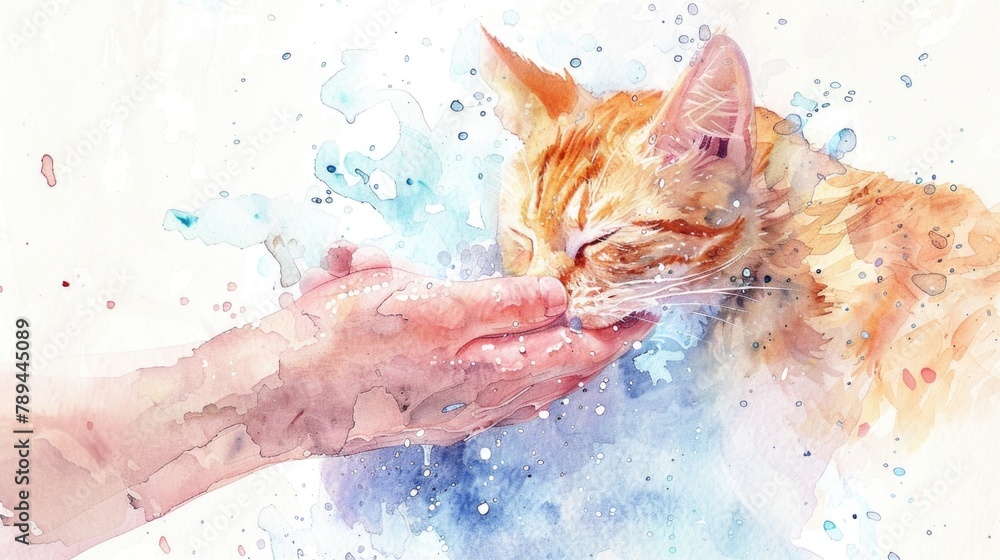 A watercolor painting of a cat licking a person's hand. Suitable for pet lovers and animal care concepts - obrazy, fototapety, plakaty 