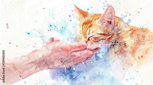 A watercolor painting of a cat licking a person's hand. Suitable for pet lovers and animal care concepts