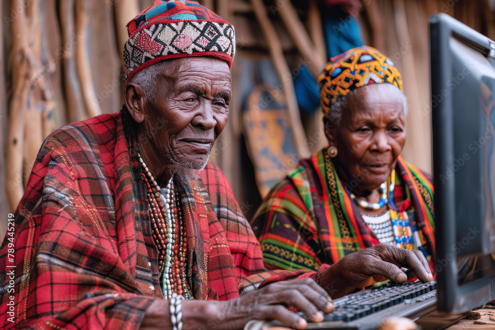 African grandfather sitting on table looking laptop, communicate online