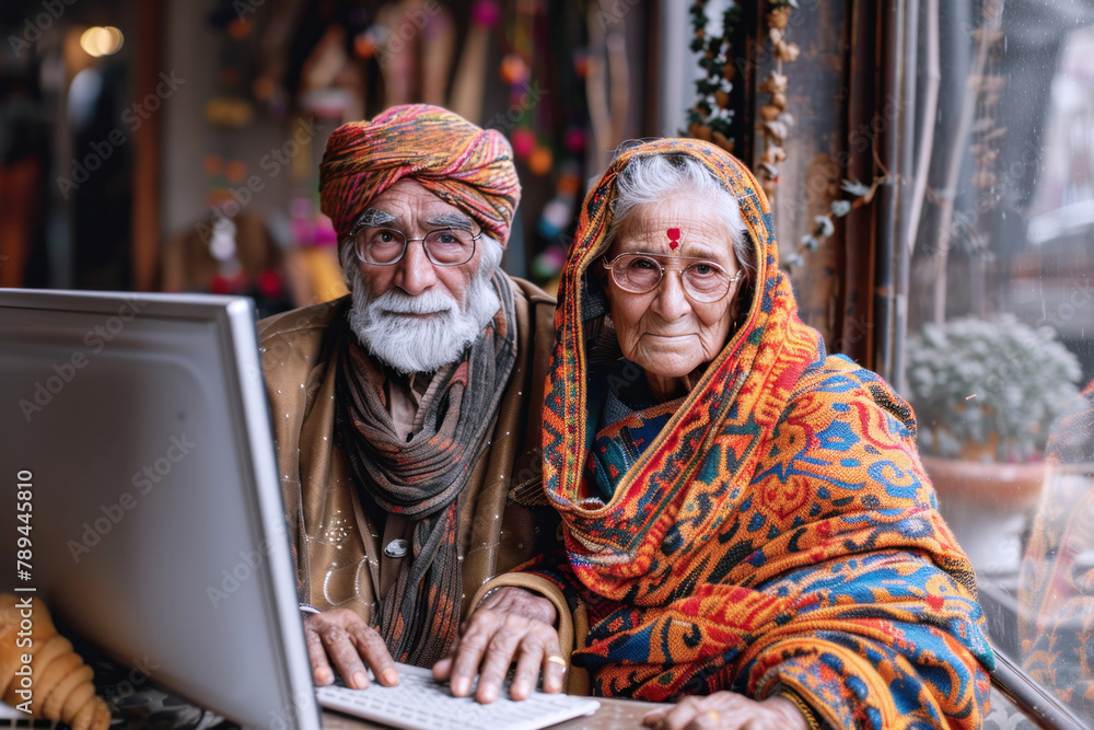 Indian grandfather sitting on table looking laptop, communicate online